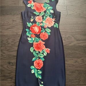 Enfocus Studio Navy Midi Dress with Red Rose Print Size 14